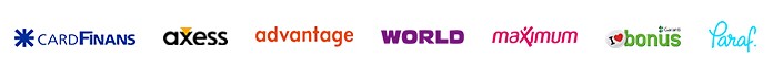 Anlaşmalı banka kartları: Axess, Advantage, World, Maximum, Bonus, Paraf, CardFinans
